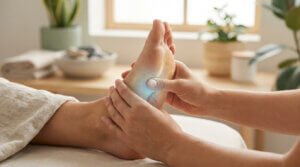 Une personne reçoit un massage réflexologique du pied. Les mains d'un praticien appliquent une pression sur la plante avec une lueur bleue.
