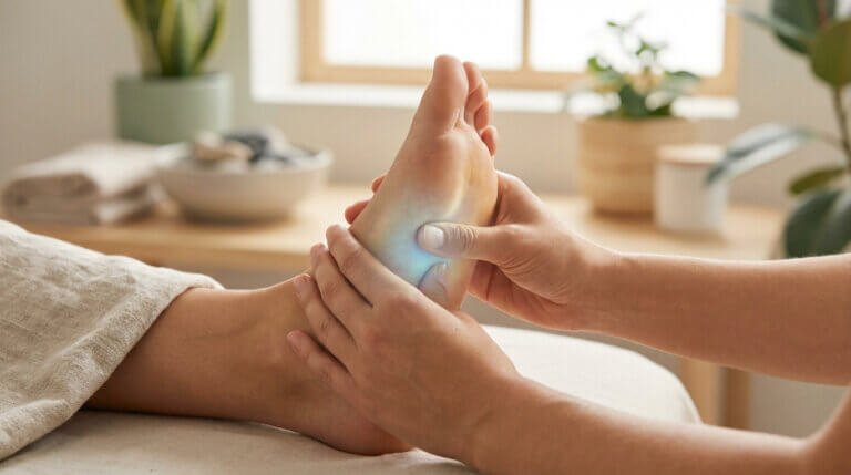Une personne reçoit un massage réflexologique du pied. Les mains d'un praticien appliquent une pression sur la plante avec une lueur bleue.