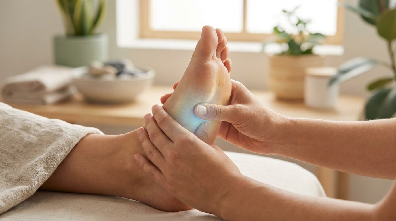 Une personne reçoit un massage réflexologique du pied. Les mains d'un praticien appliquent une pression sur la plante avec une lueur bleue.