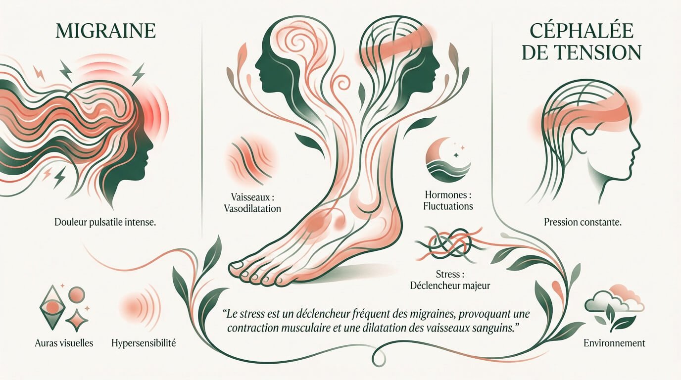 Comparaison visuelle entre les zones de douleur de la migraine et de la céphalée de tension
