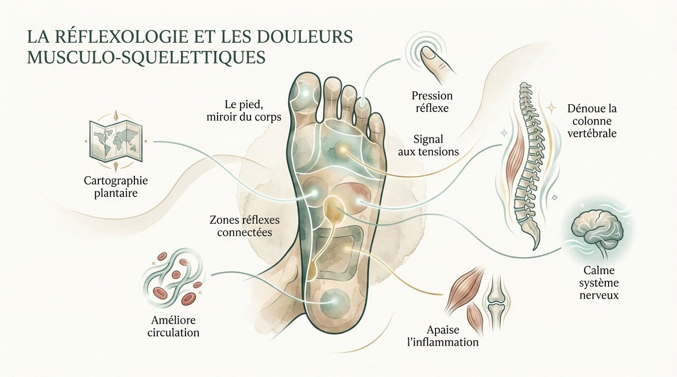 Cartographie des zones réflexes du pied illustrant la correspondance avec les organes du corps humain