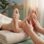 Deux mains massent les pieds d'une personne allongée, recevant une séance de réflexologie plantaire pour apaiser les maux de dos.