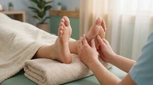 Deux mains massent les pieds d'une personne allongée, recevant une séance de réflexologie plantaire pour apaiser les maux de dos.