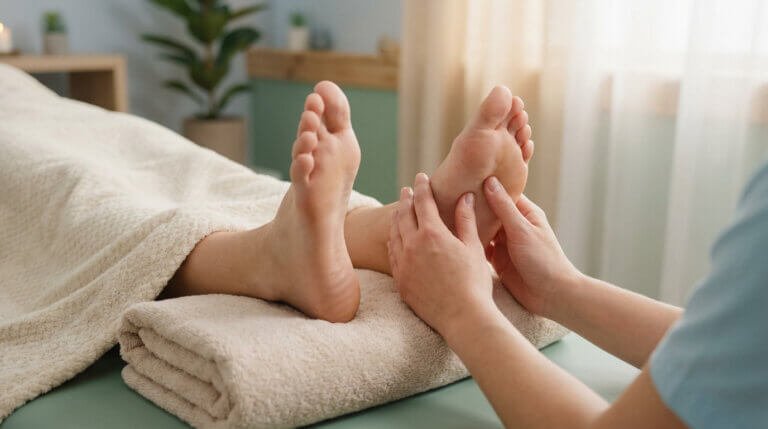 Deux mains massent les pieds d'une personne allongée, recevant une séance de réflexologie plantaire pour apaiser les maux de dos.