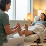 Une réflexologue masse les pieds d'une patiente détendue assise dans un fauteuil confortable, ambiance apaisante.
