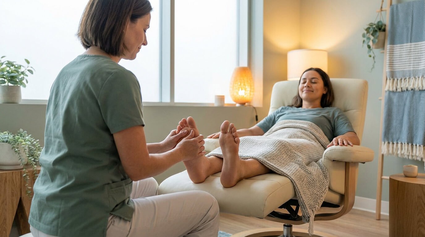 Une réflexologue masse les pieds d'une patiente détendue assise dans un fauteuil confortable, ambiance apaisante.