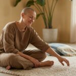 Femme sereine au crâne rasé, assise en tailleur sur un tapis, les yeux clos avec un léger sourire, dans un intérieur apaisant.