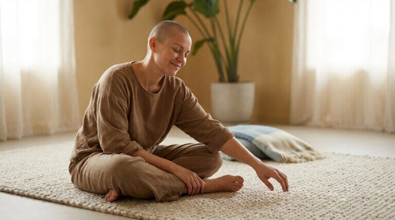 Femme sereine au crâne rasé, assise en tailleur sur un tapis, les yeux clos avec un léger sourire, dans un intérieur apaisant.