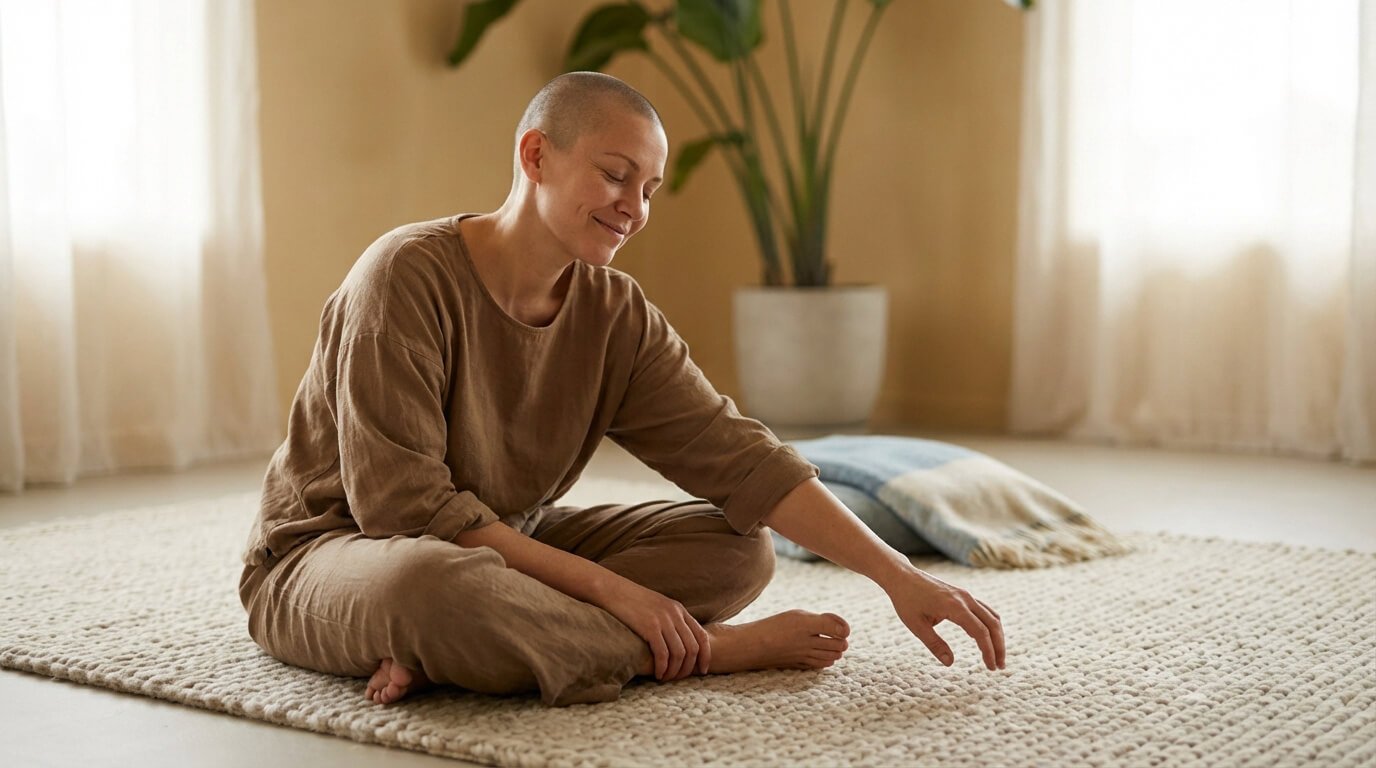 Femme sereine au crâne rasé, assise en tailleur sur un tapis, les yeux clos avec un léger sourire, dans un intérieur apaisant.