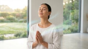 Femme sereine les yeux fermés en position de méditation, mains jointes, avec des flux lumineux évoquant la purification et le bien-être.
