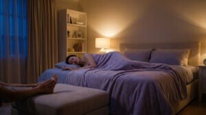 Femme dormant paisiblement dans un lit, recevant un massage des pieds (réflexologie) dans une chambre chaleureuse et faiblement éclairée.