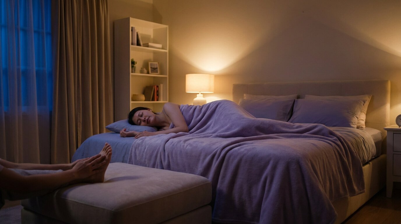 Femme dormant paisiblement dans un lit, recevant un massage des pieds (réflexologie) dans une chambre chaleureuse et faiblement éclairée.