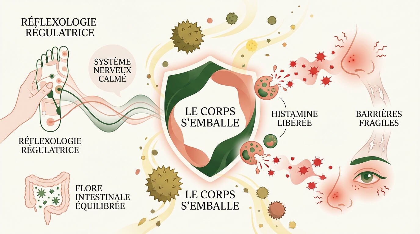Schéma expliquant le lien entre système immunitaire, réflexologie et flore intestinale pour soulager les allergies
